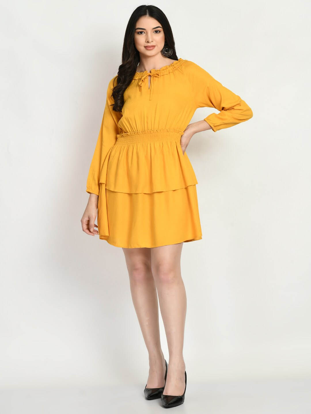 

DressBerry Mustard Tie Up Neck Smocked Ruffled & Layered Fit & Flare Dress