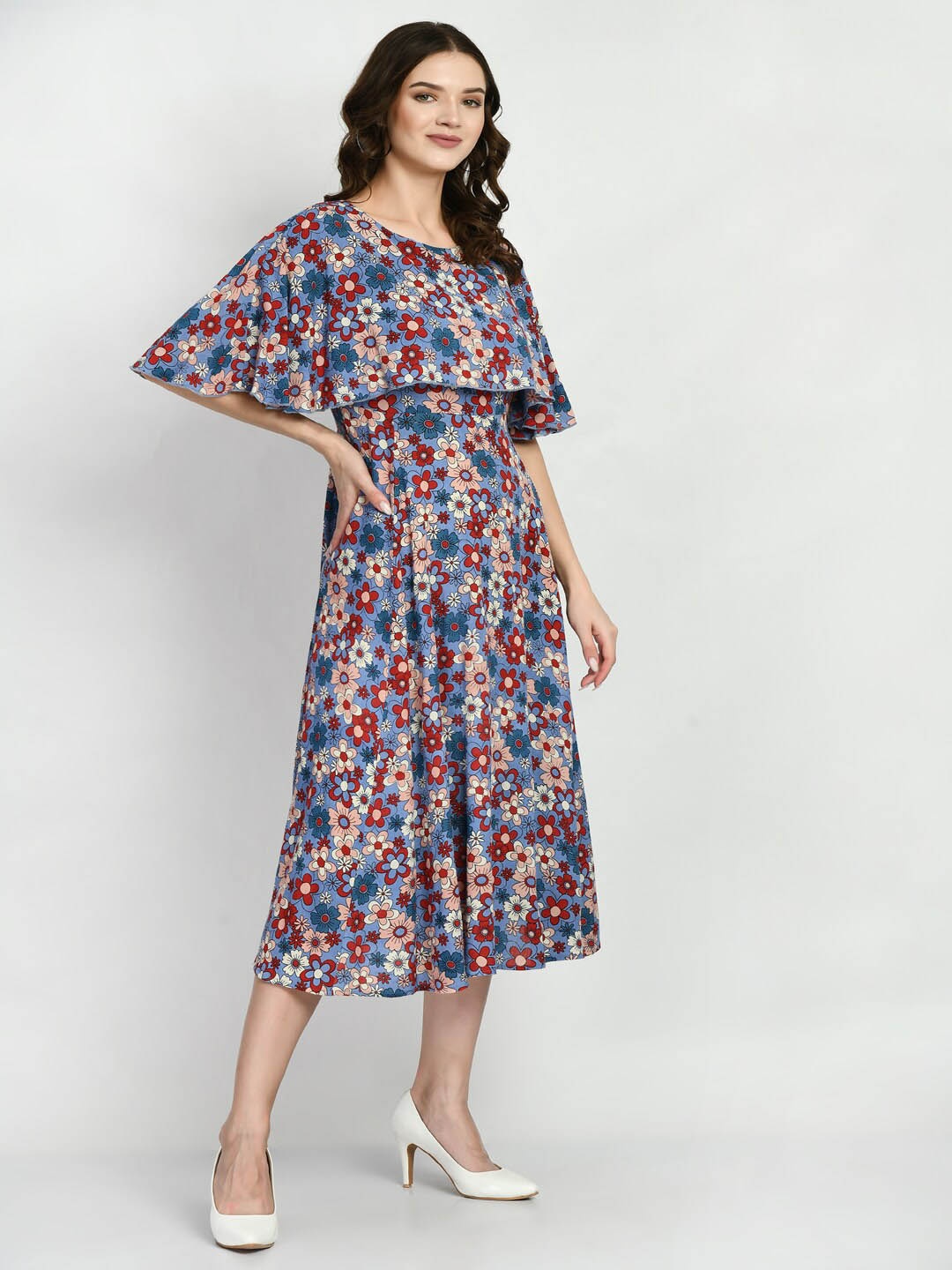 

DressBerry Floral Printed Flared Sleeve Fit & Flare Midi Dress, Navy blue
