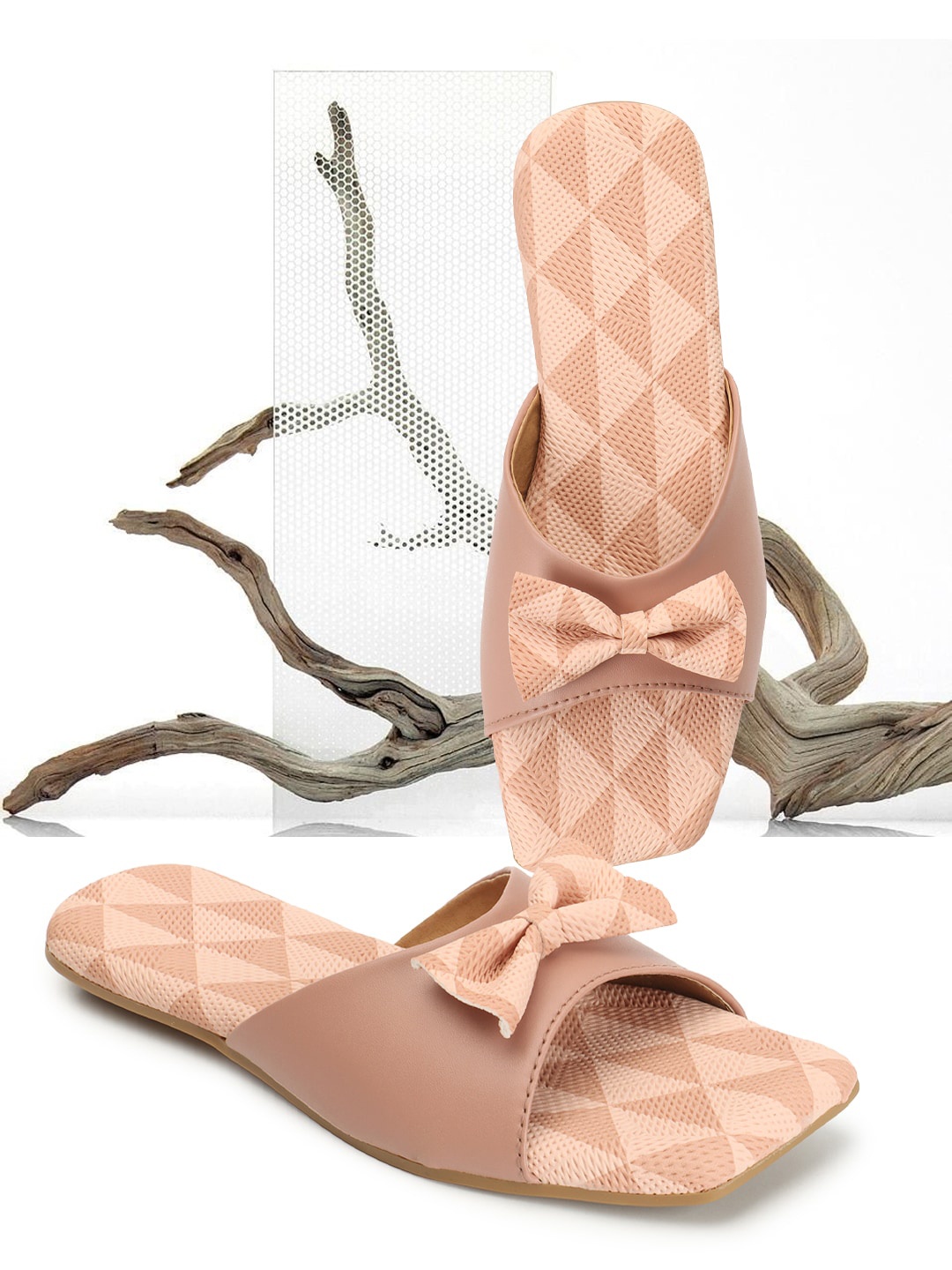 

Elibolz Printed Open Toe Flats with Bows, Peach