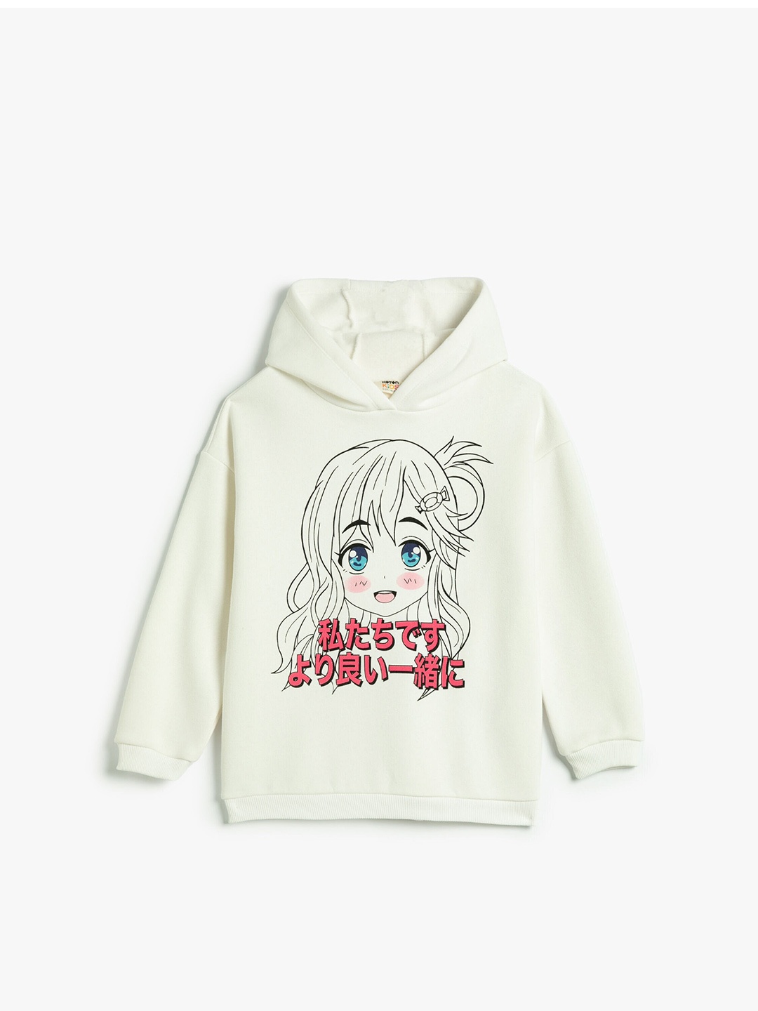 

Koton Girls Hooded Graphic Printed Pullover, Off white