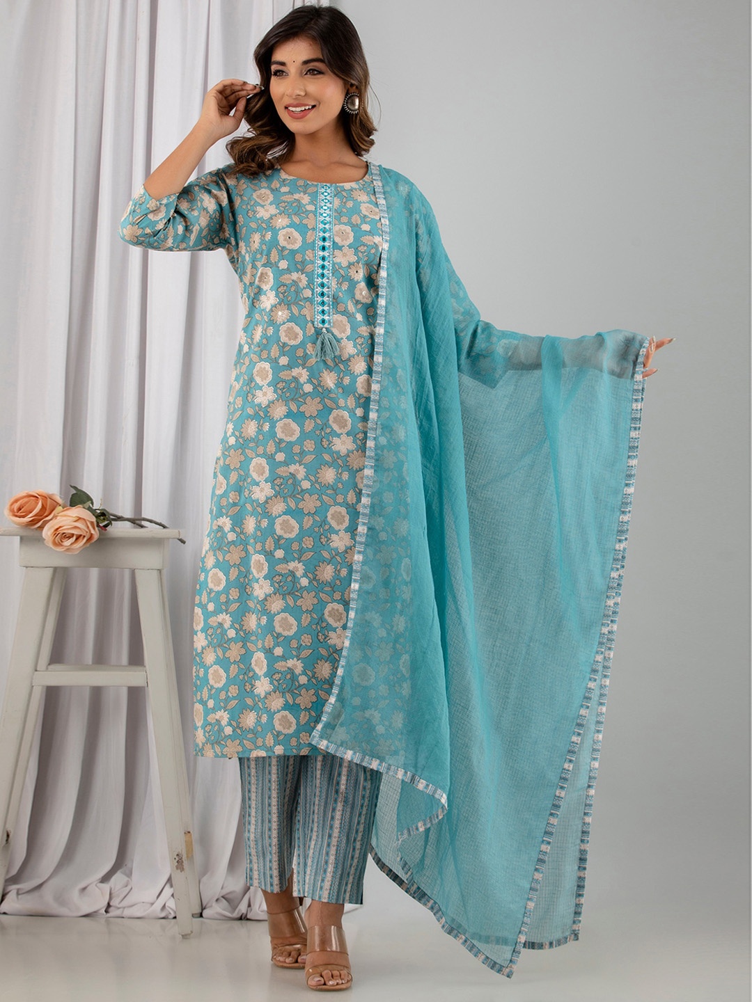 

Kohsh Floral Printed Mirror Work Pure Cotton Kurta with Trousers & Dupatta, Blue
