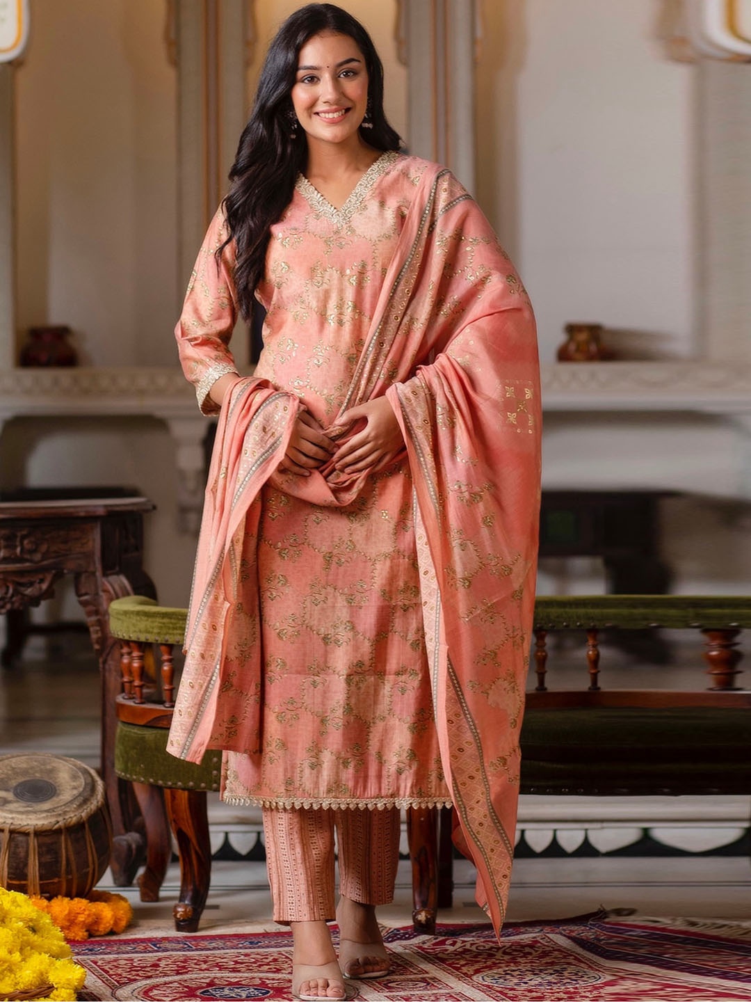 

Kohsh Floral Printed Regular Thread Work Kurta with Trousers & Dupatta, Peach
