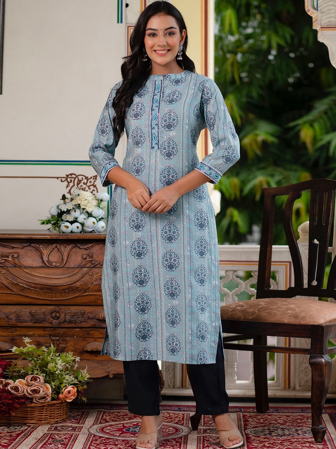 

Kohsh Ethnic Motifs Printed Mirror Work Straight Kurta with Trousers, Blue
