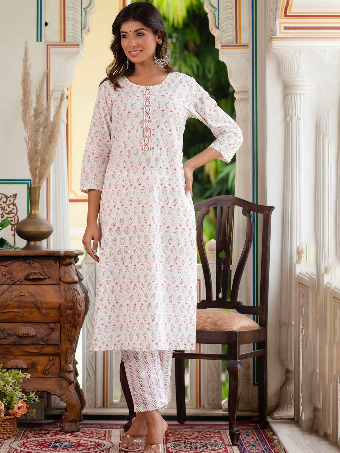 

Kohsh Floral Printed Thread Work Pure Cotton Kurta with Trousers, White