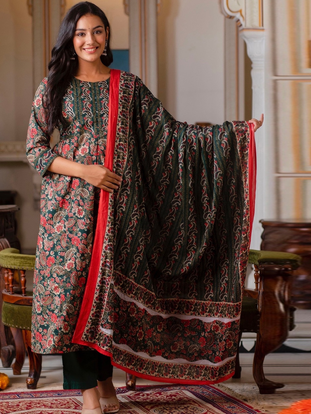 

Kohsh Paisley Printed Mirror Work Pure Cotton Kurta with Trousers & Dupatta, Green