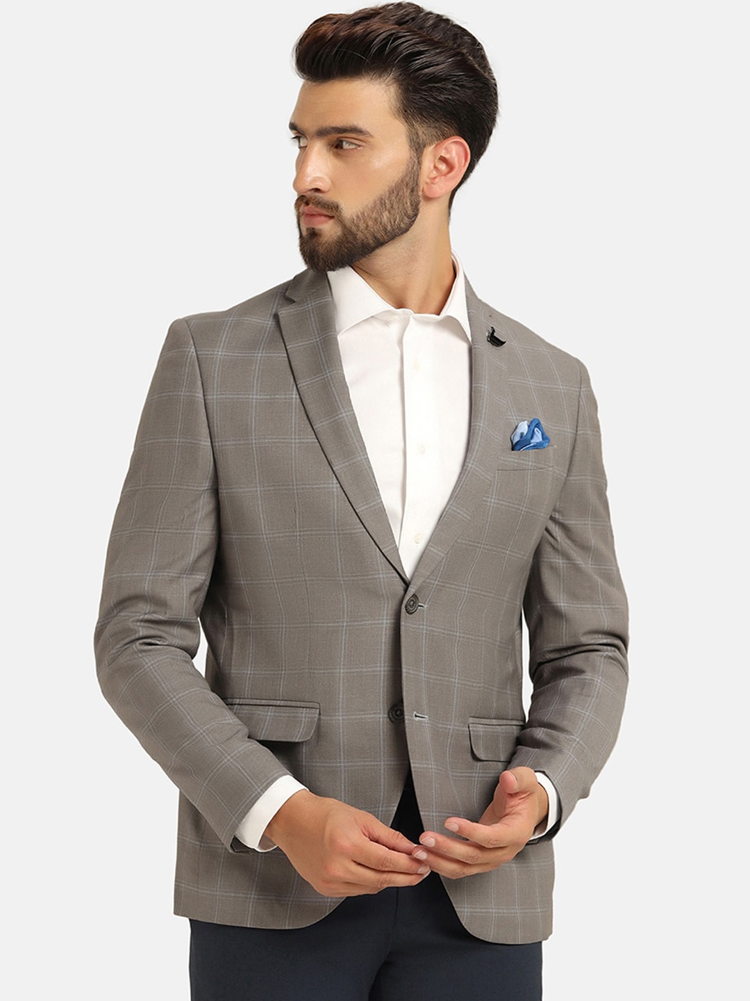 

Blackberrys Checked Notched Lapel Collar Single Breasted Formal Blazer, Grey