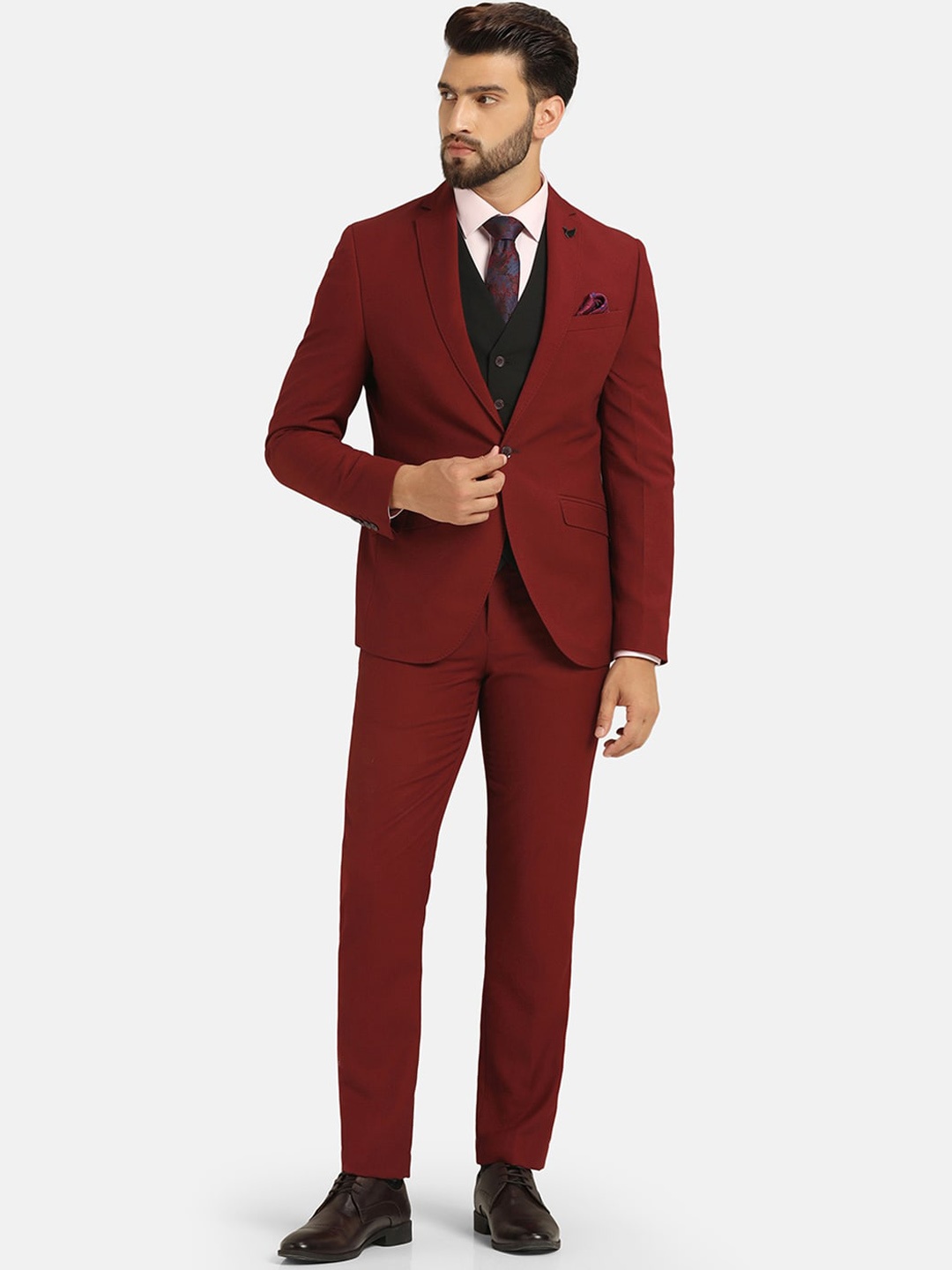 

Blackberrys Notched Lapel Single Breasted Three Piece Slim Fit Formal Suit, Maroon