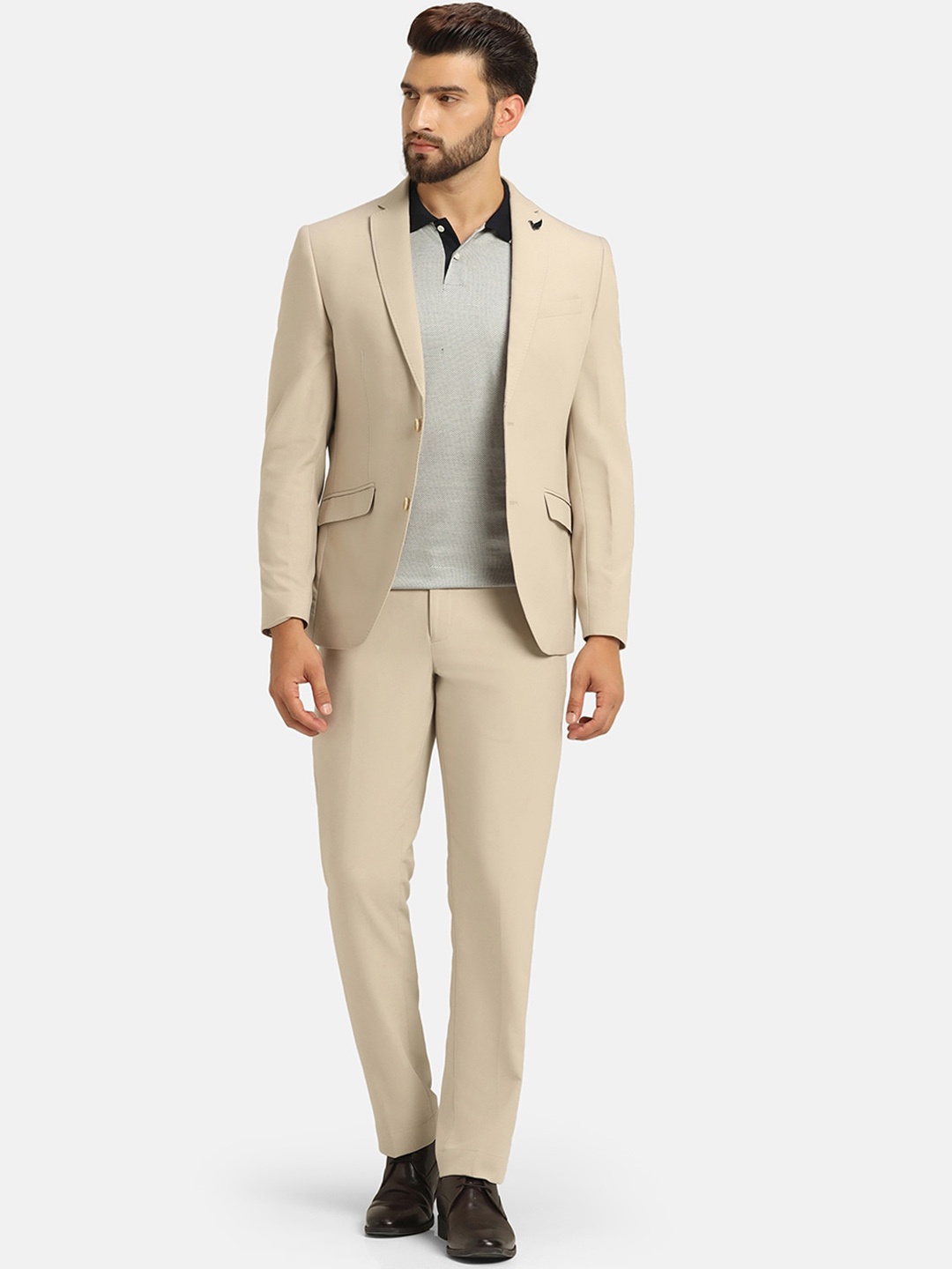 

Blackberrys Notched Lapel Single Breasted Three Piece Slim Fit Formal Suit, Beige
