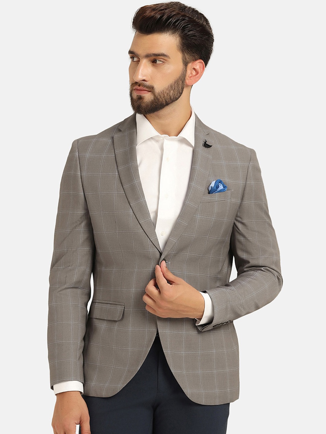 

Blackberrys Checked Notched Lapel Single Breasted Slim fit Two Piece Formal Suits, Grey