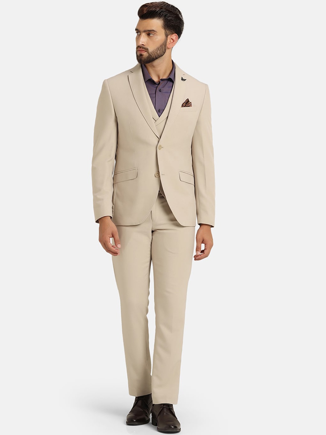 

Blackberrys Slim Fit Single Breasted Three Piece Formal Suit, Beige