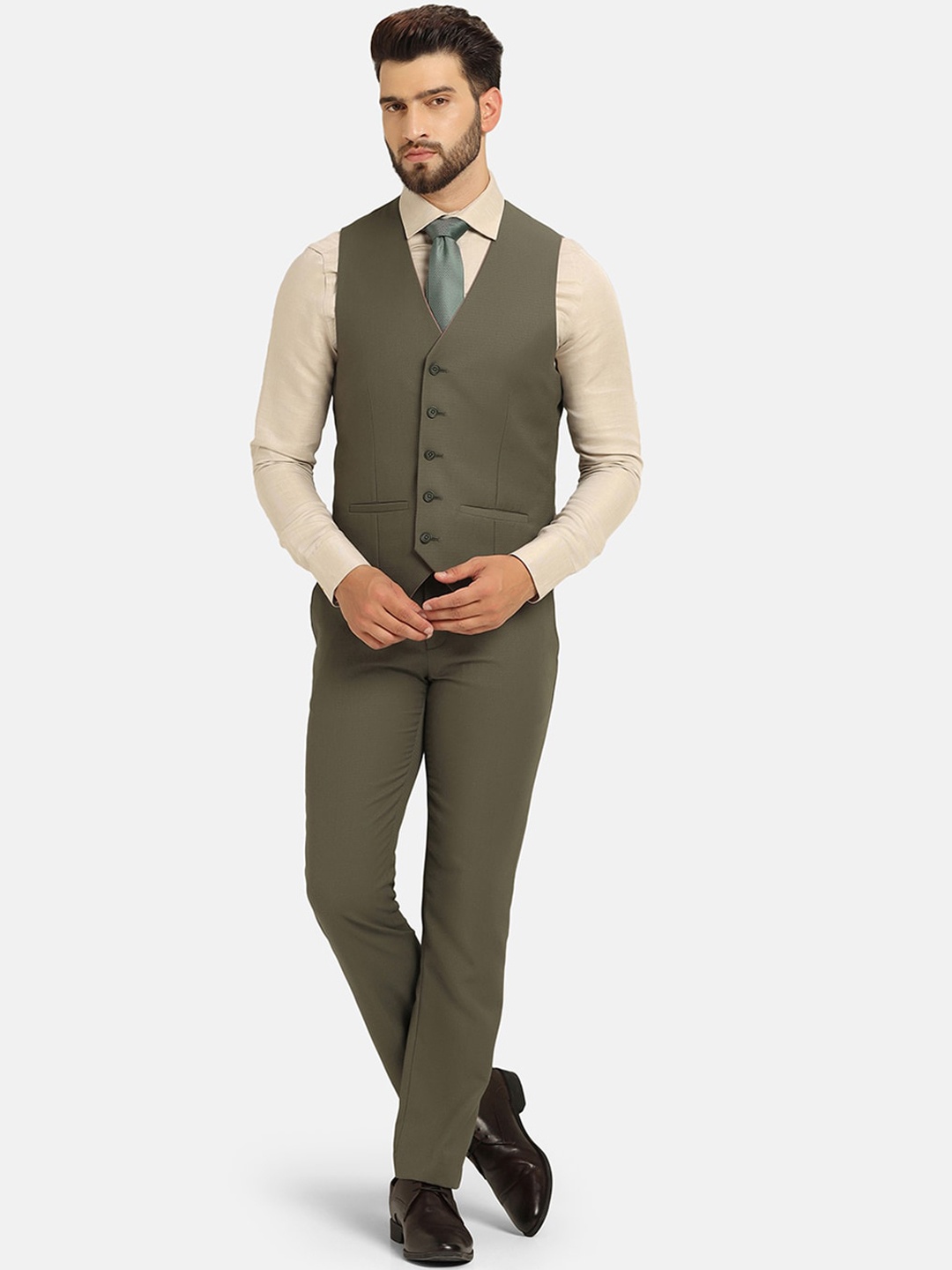 

Blackberrys Notched Lapel Single Breasted Three Piece Slim Fit Formal Suit, Green