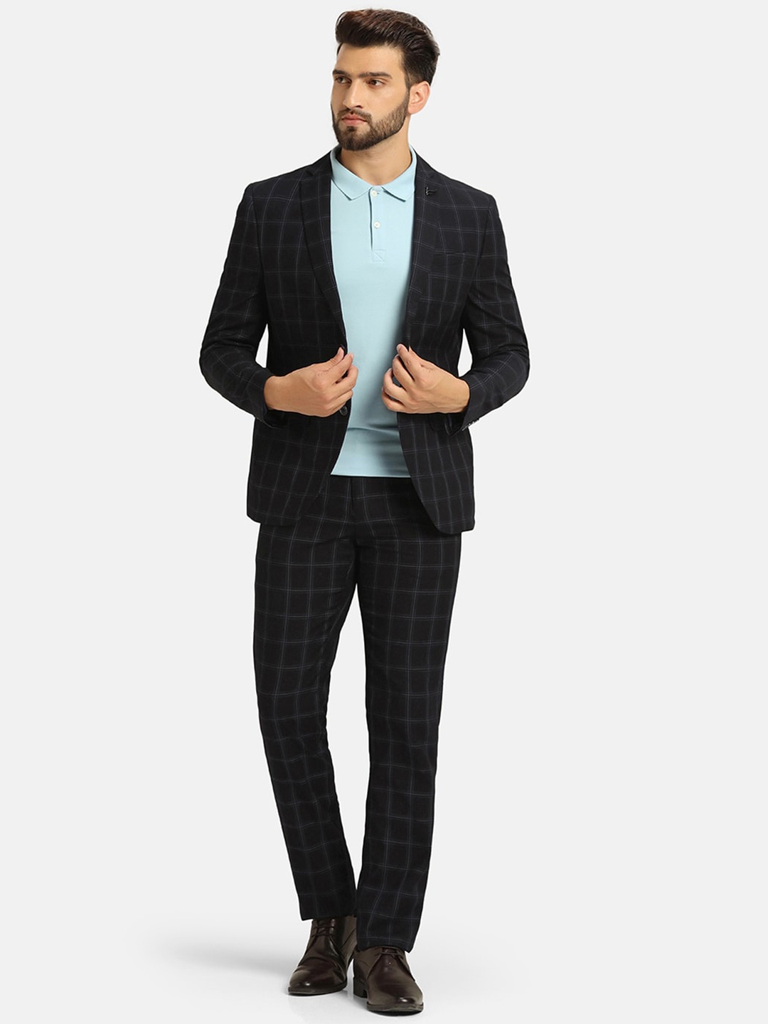 

Blackberrys Checked Single Breasted Two Piece Slim Fit Formal Suit, Blue