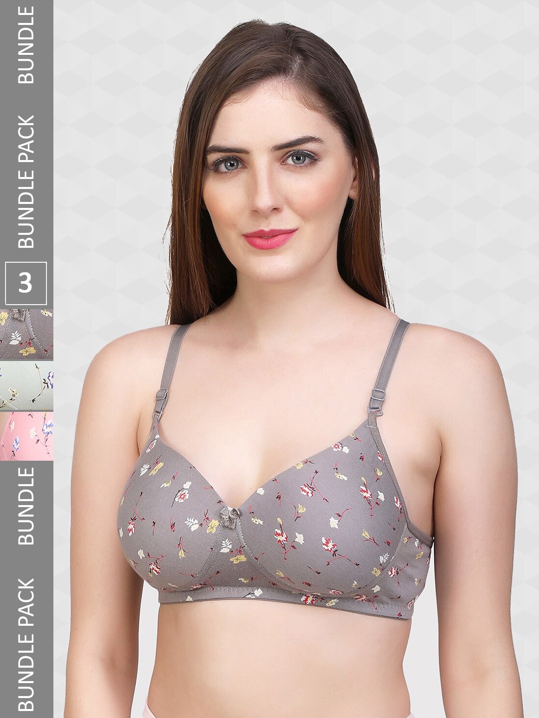 

ACCEZORY Pack Of 3 Printed Full Coverage Lightly Padded T-shirt Bra With All Day Comfort, Grey