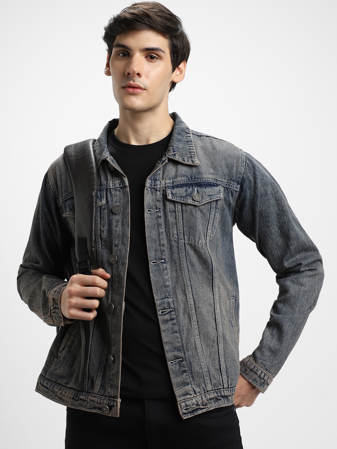 

Dennis Lingo Washed Spread Collar Pure Cotton Denim Jacket, Blue