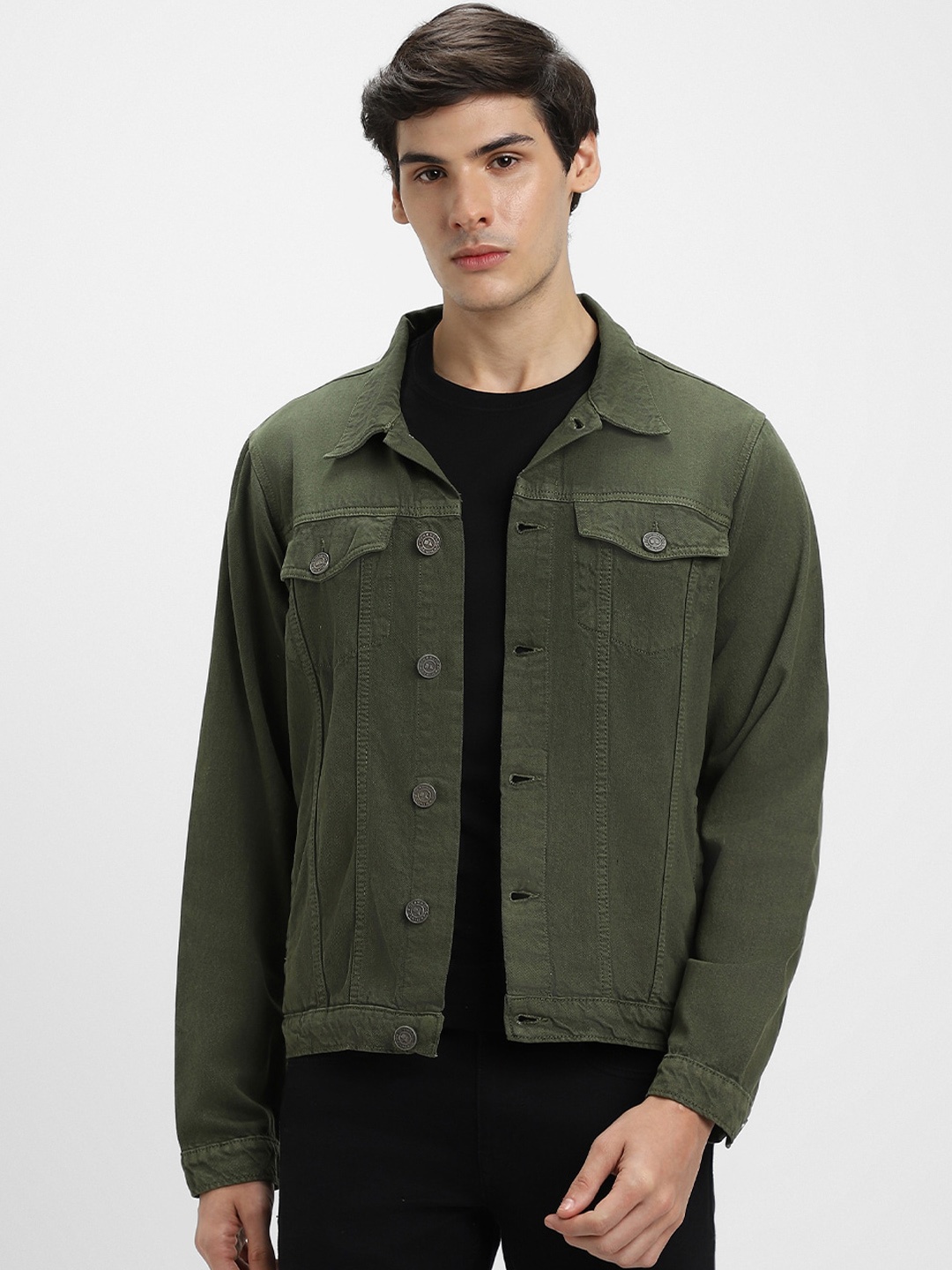 

Dennis Lingo Spread Collar Pure Cotton Denim Jacket, Olive