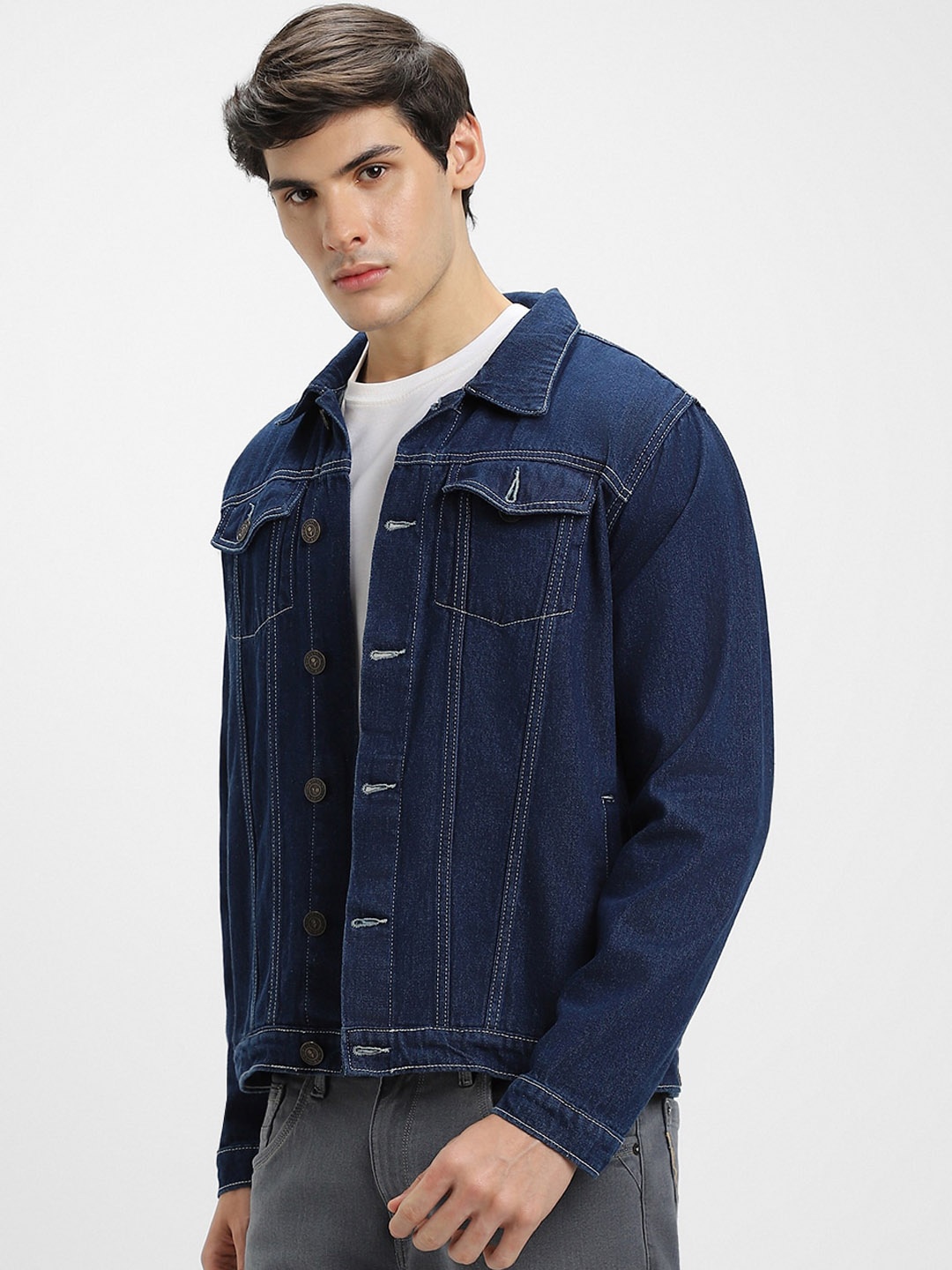 

Dennis Lingo Washed Spread Collar Pure Cotton Denim Jacket, Blue