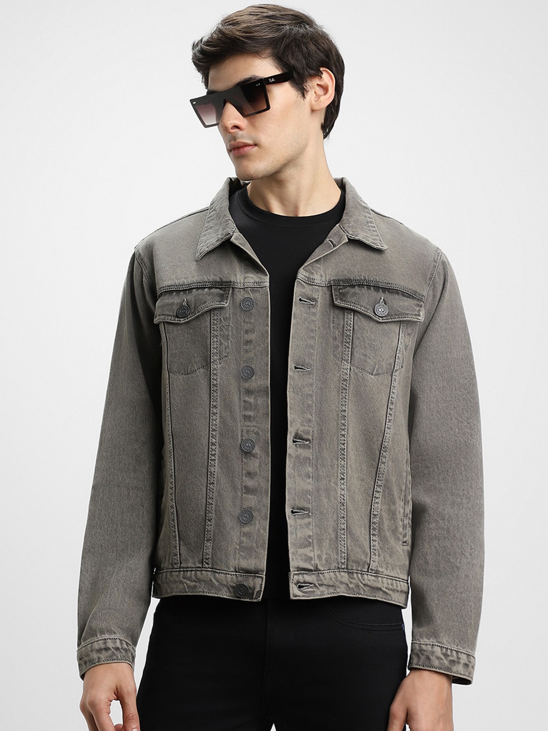 

Dennis Lingo Washed Spread Collar Long Sleeves Denim Jacket, Grey