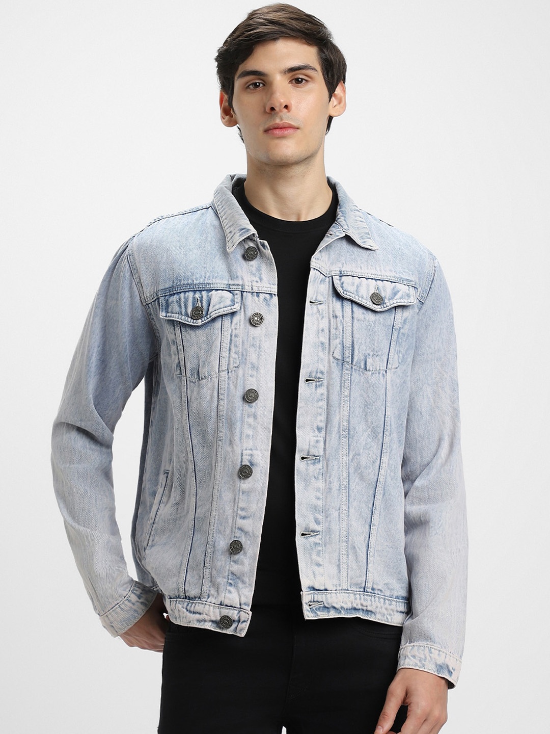 

Dennis Lingo Washed Spread Collar Pure Cotton Denim Jacket, Blue