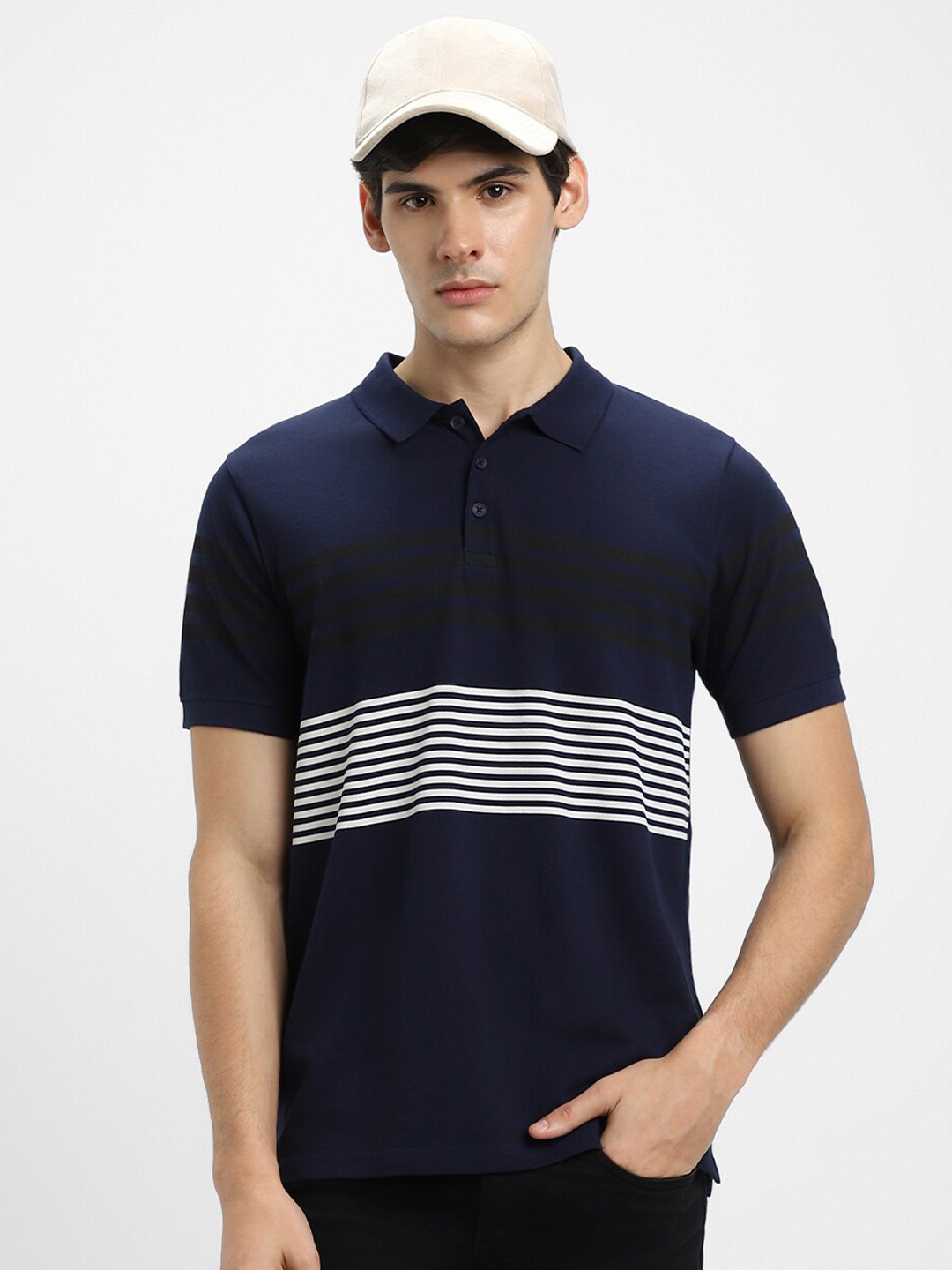 

Dennis Lingo Striped Polo Collar Regular Fit Cotton T-shirt, Navy blue