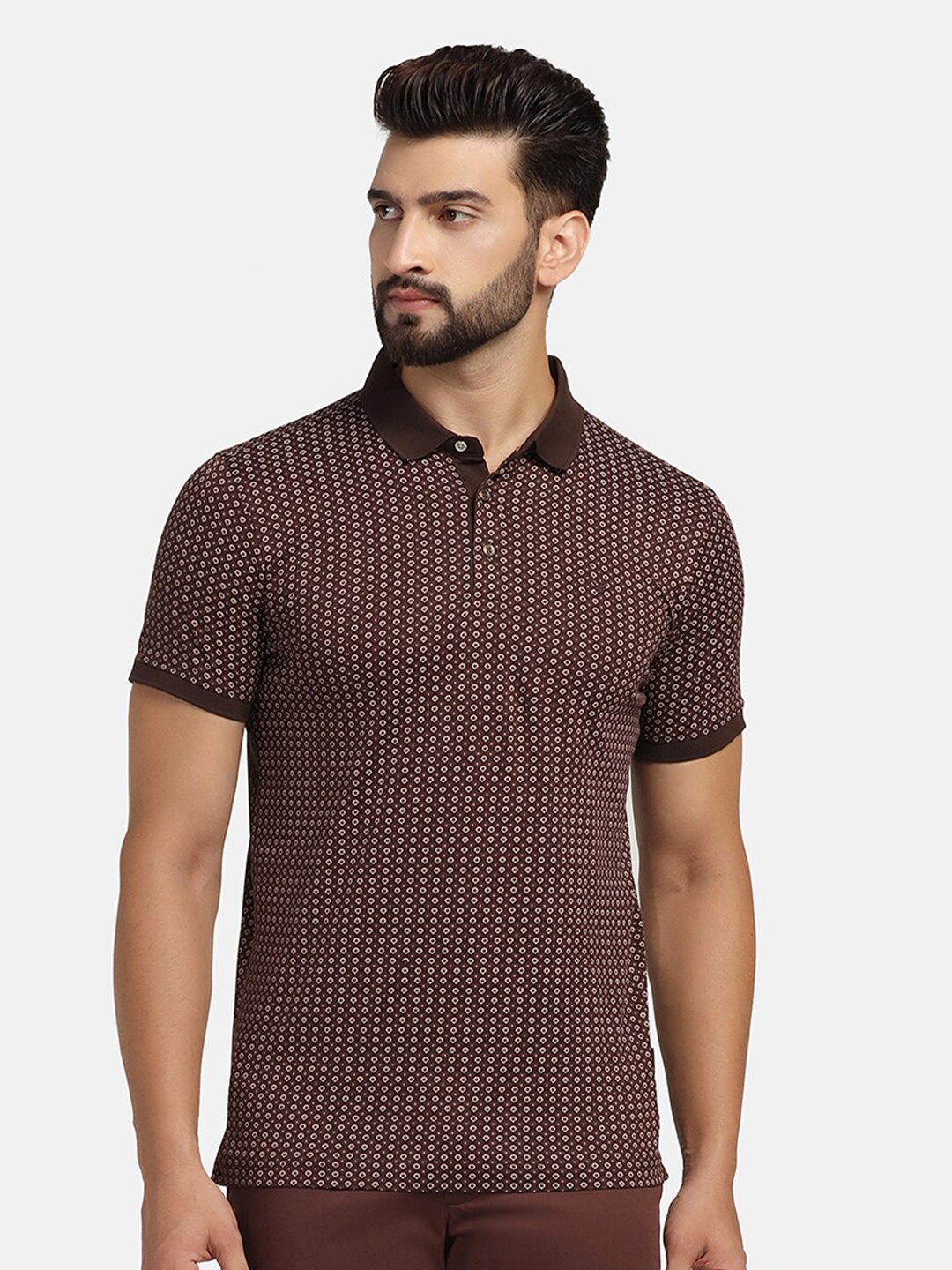 

Blackberrys Geometric Printed Polo Collar Cotton Slim Fit T-shirt, Brown