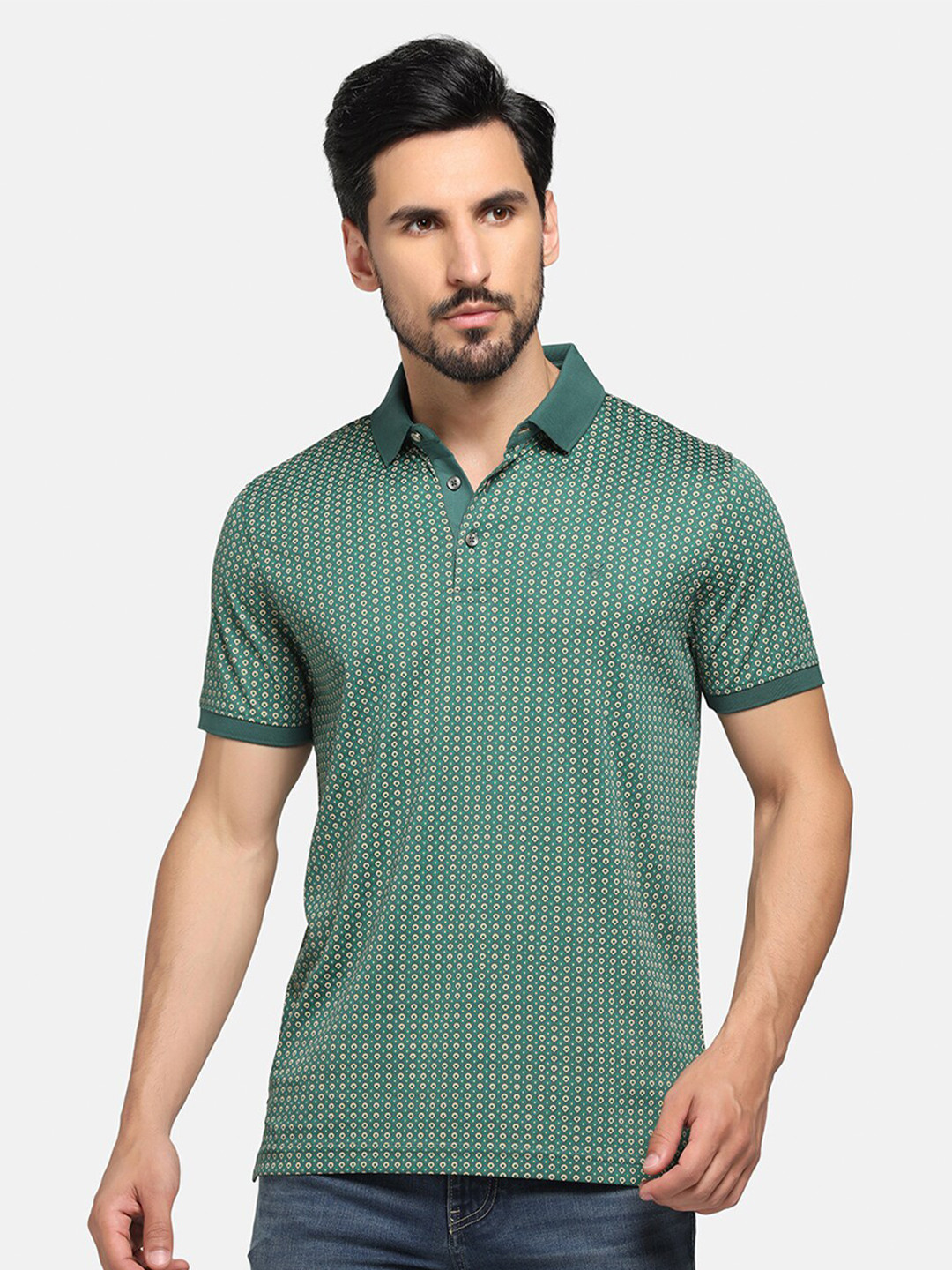 

Blackberrys Geometric Printed Polo Collar Cotton Slim Fit T-shirt, Green