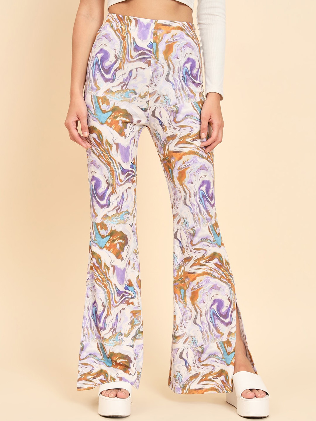 

MAZIE Women Original Abstract Printed Bootcut Trousers, White