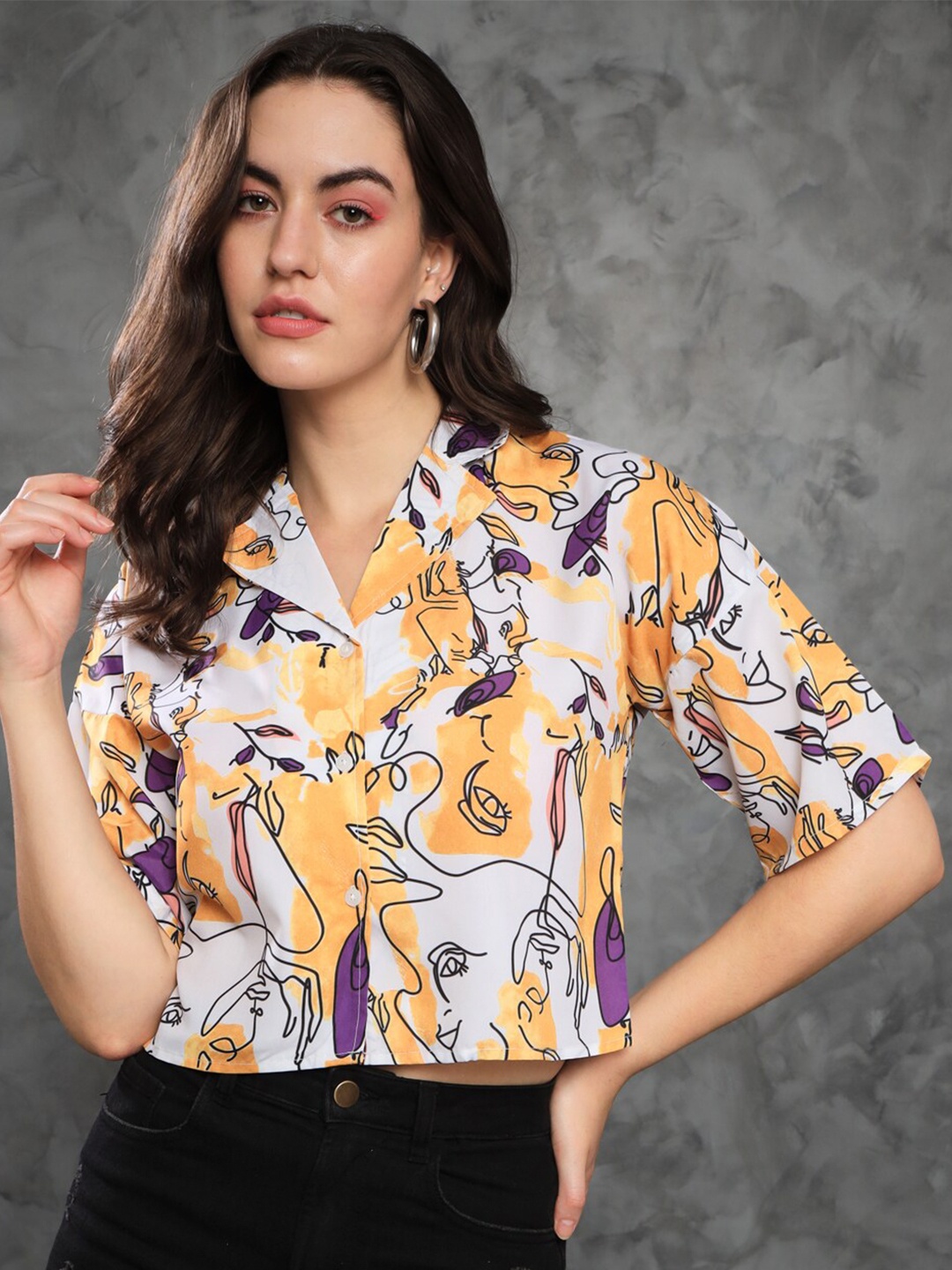 

MAZIE Smart Abstract Printed Cuban Collar Crop Casual Shirt, Yellow