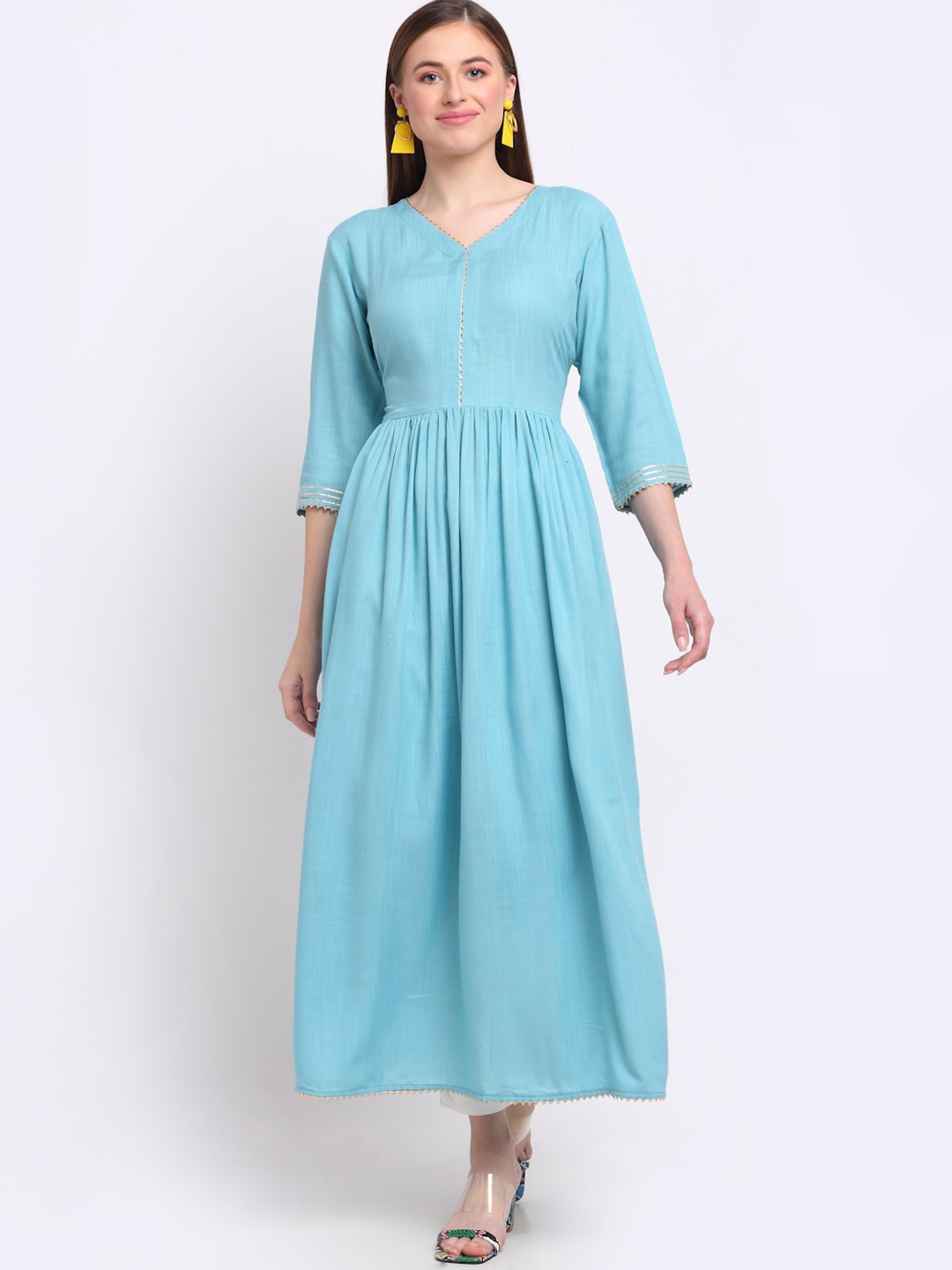 

LARGISH A-Line V-Neck Gotta Patti Pure Cotton Kurta with Trousers, Blue