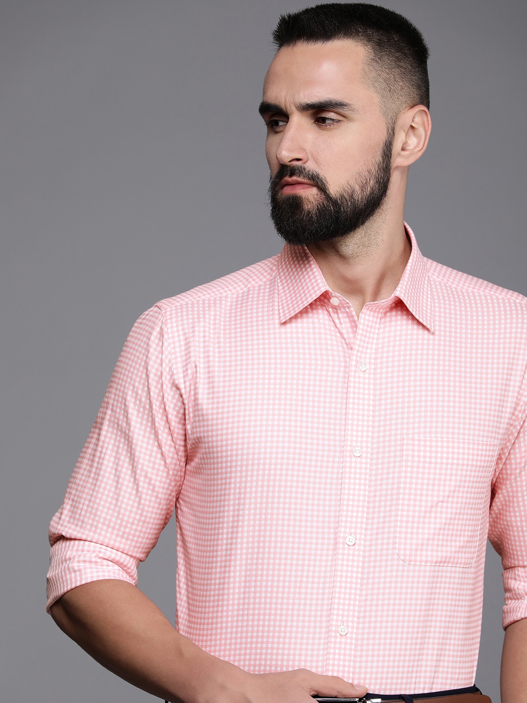 

Raymond Slim Fit Micro Self Checked Opaque Pure Cotton Formal Shirt, Peach