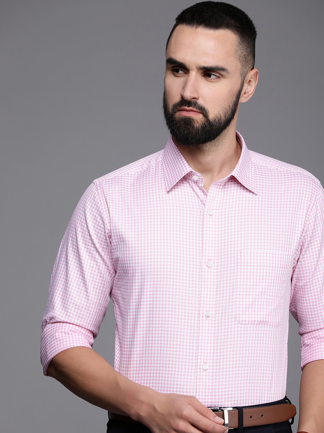 

Raymond Slim Fit Micro Self Checked Opaque Pure Cotton Formal Shirt, Pink