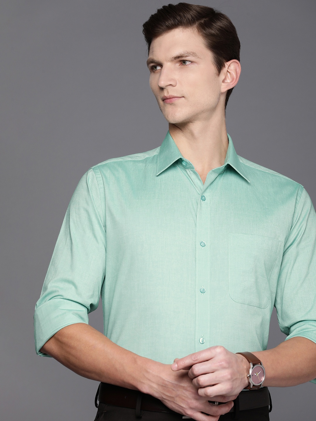 

Raymond Self Design Slim Fit Pure Cotton Formal Shirt, Green