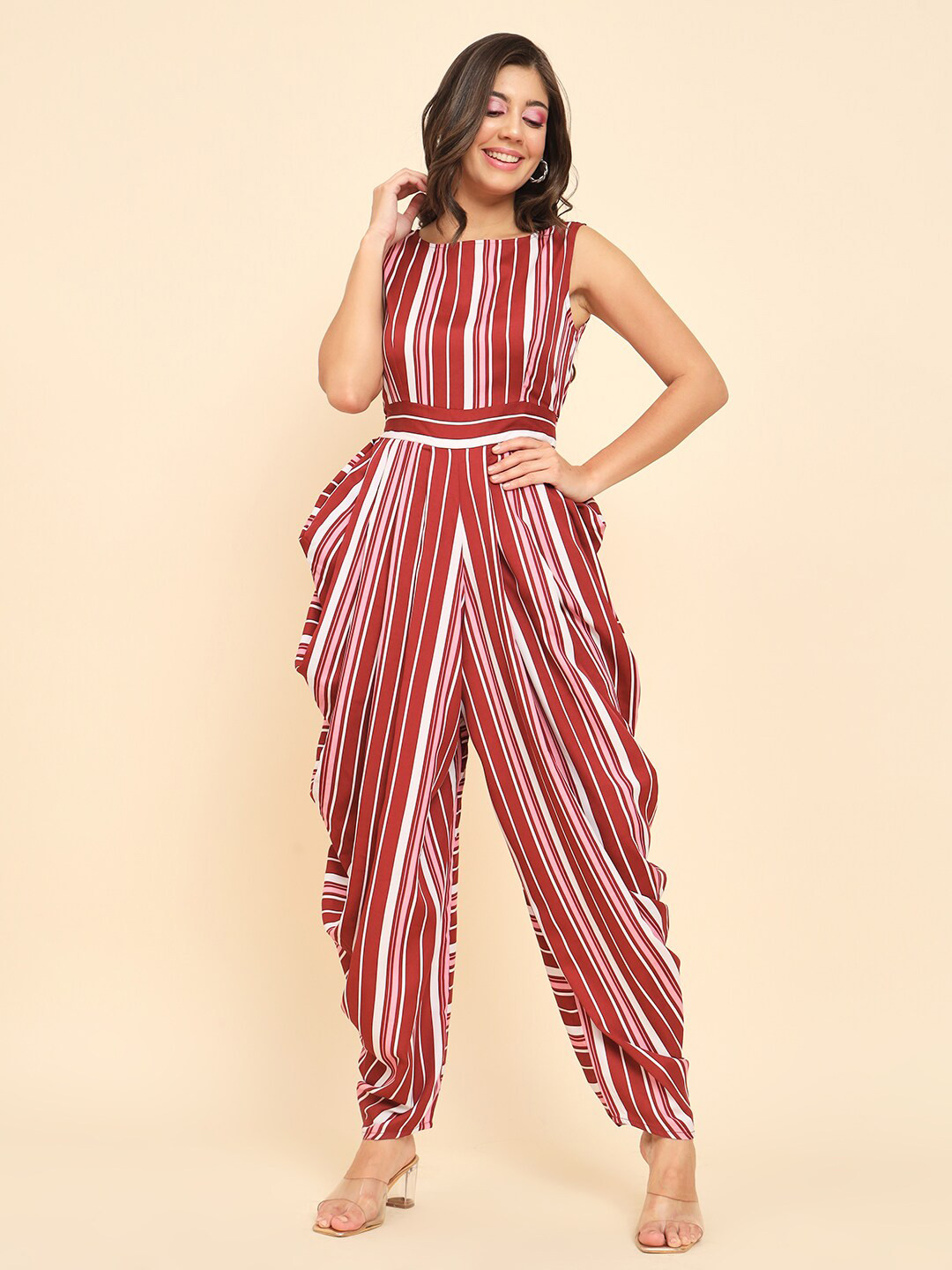 

MAZIE Striped Organic Cotton Basic Jumpsuit, Maroon