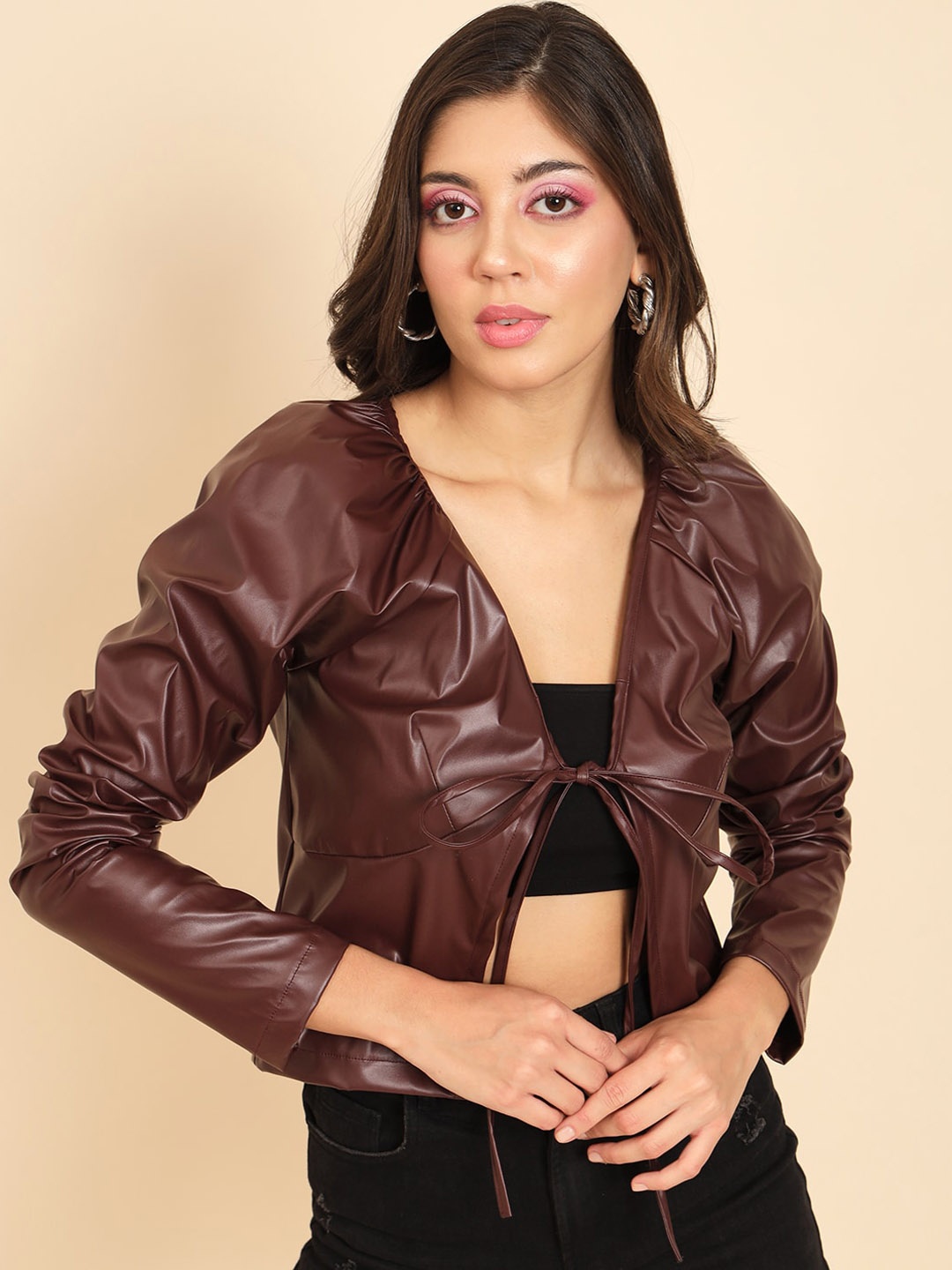 

MAZIE Lightweight Leather Open Front Jacket, Brown