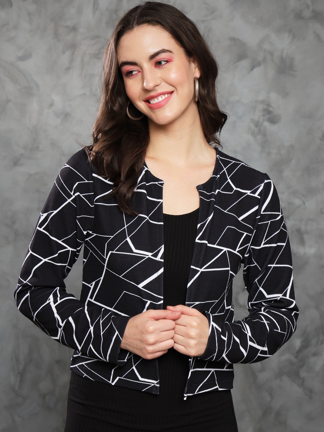 

MAZIE Geometric Printed Lightweight Open Front Jacket, Black