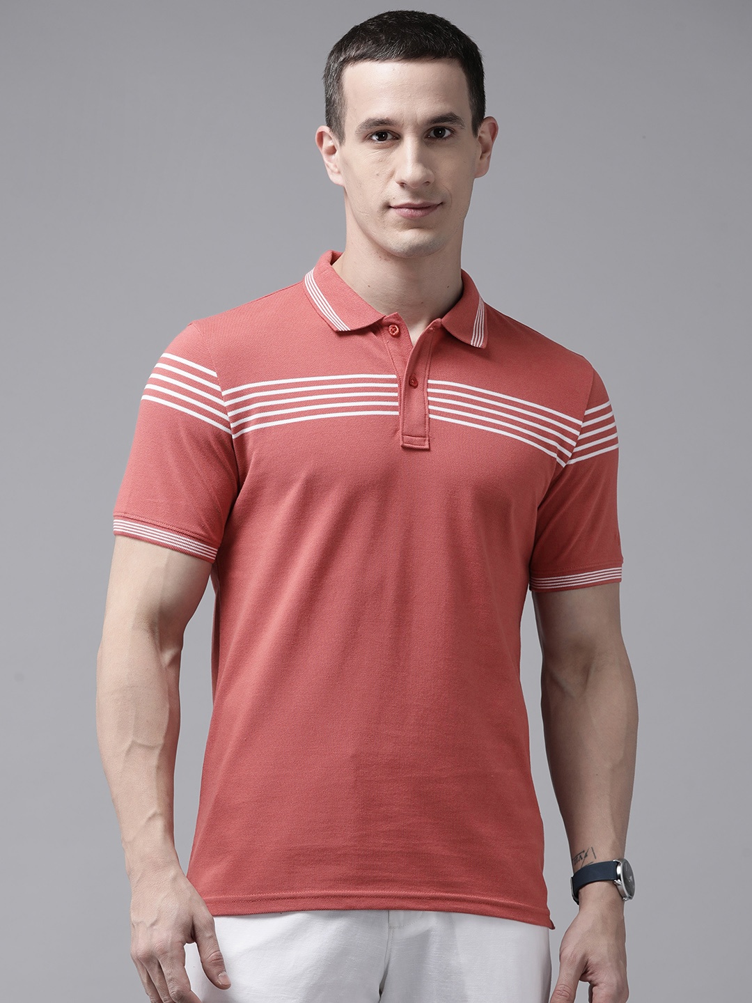 

Blackberrys Men Striped Polo Collar Slim Fit T-shirt, Coral