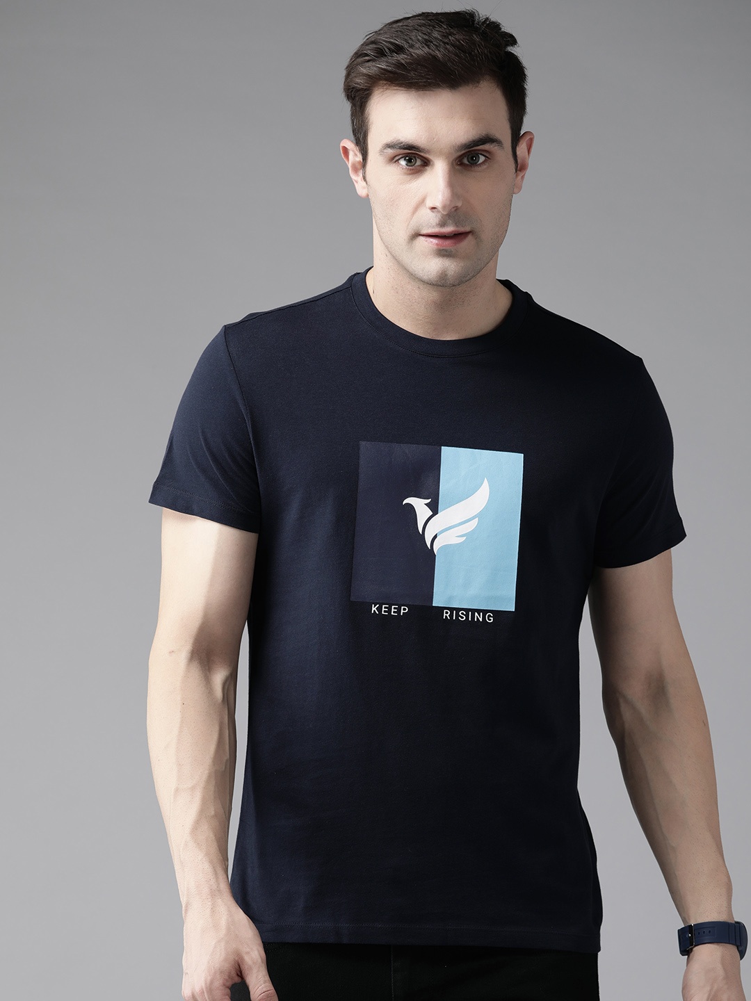 

Blackberrys Men Brand Logo Printed Pure Cotton Slim Fit T-shirt, Navy blue