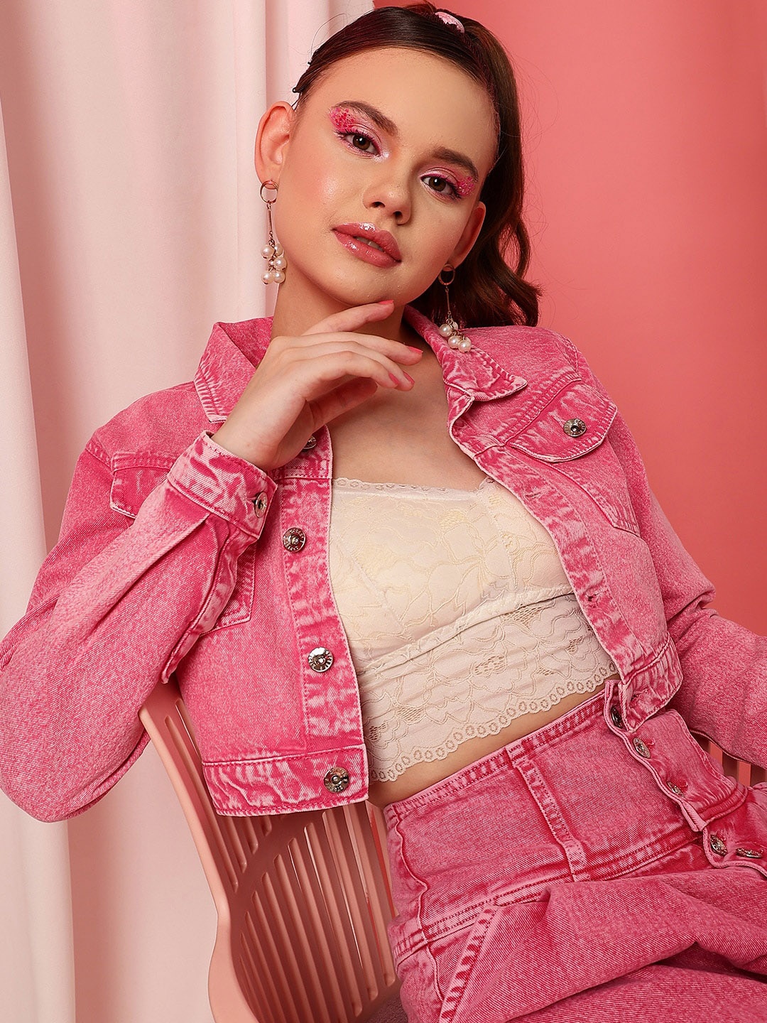 

STREET 9 Washed Lightweight Crop Pure Cotton Denim Jacket, Pink