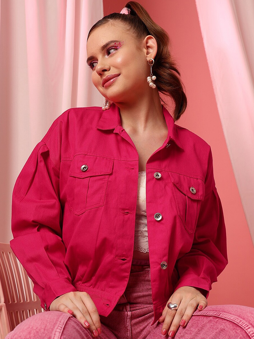 

STREET 9 Women Lightweight Crop Pure Cotton Denim Jacket, Fuchsia