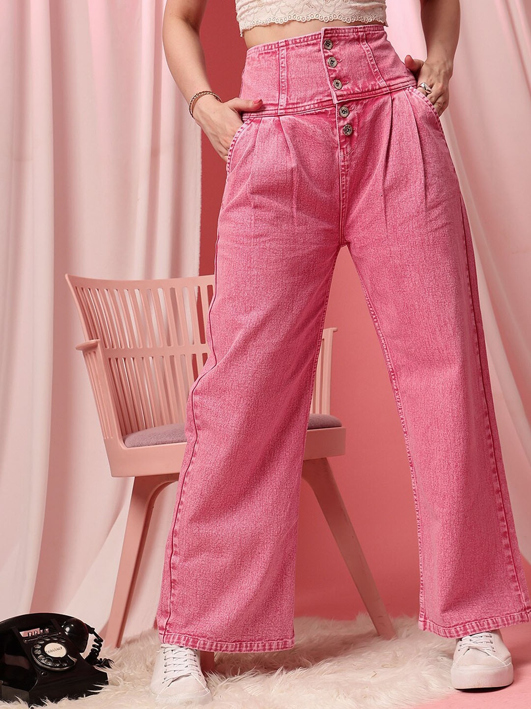 

STREET 9 Women Comfort Wide Leg High-Rise Clean Look Pure Cotton Jeans, Pink