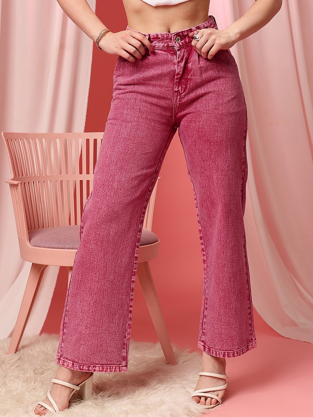

STREET 9 Women Comfort Straight Fit High-Rise Clean Look Pure Cotton Jeans, Pink