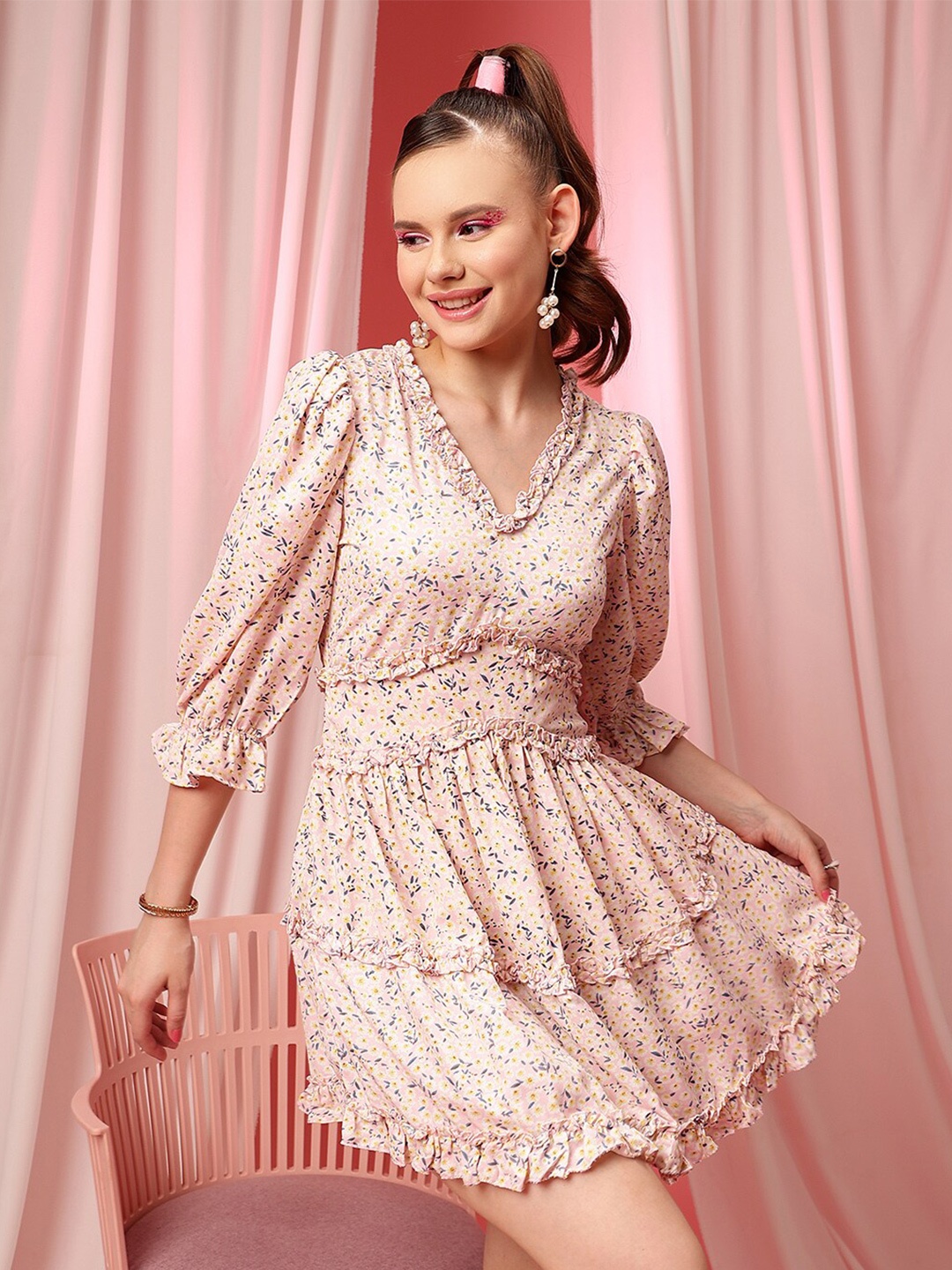 

STREET 9 Floral Printed V-Neck Puff Sleeve Ruffled Cutout Fit & Flare Dress, Pink