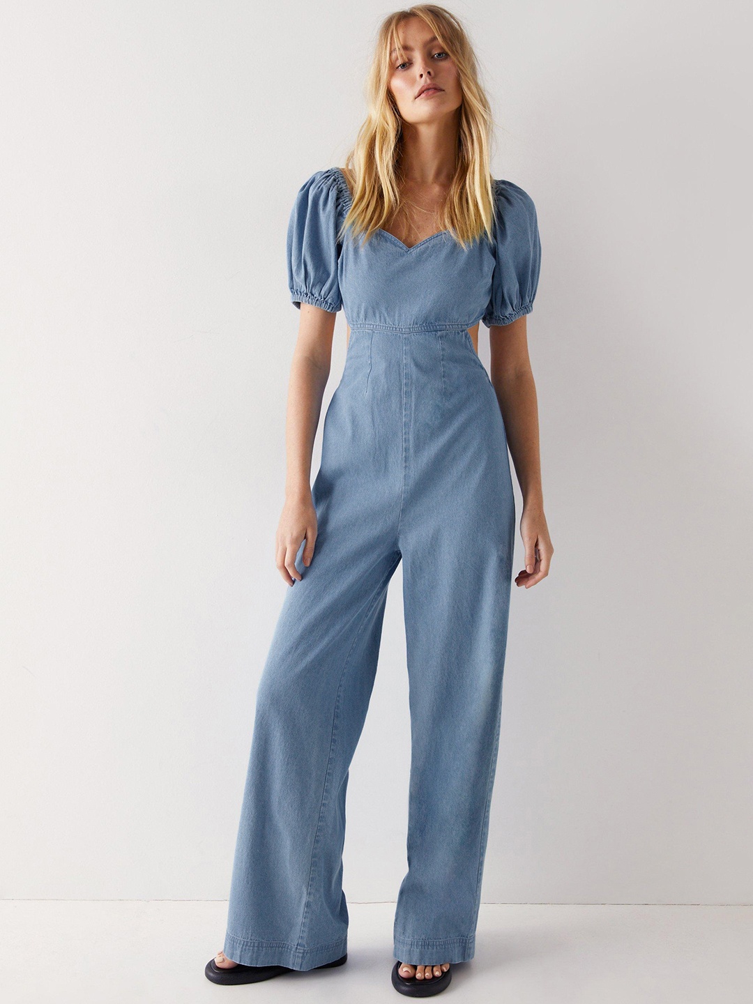 

WAREHOUSE Pure Cotton Chambray Styled Back Wide Leg Basic Jumpsuit, Blue