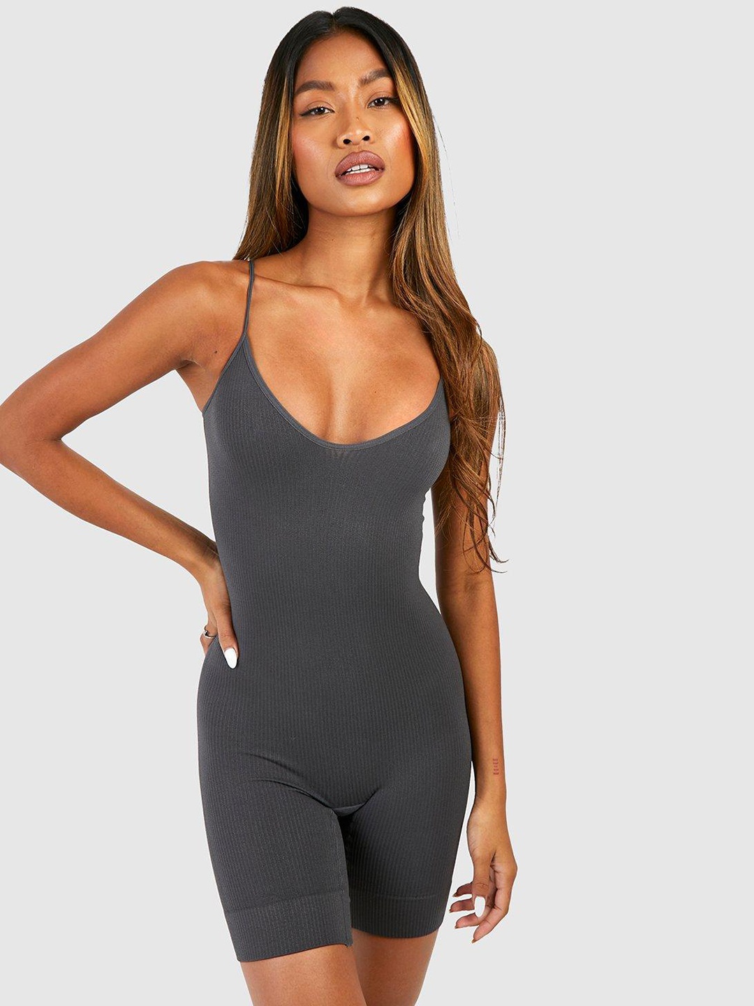 

Boohoo Ribbed Playsuit, Charcoal