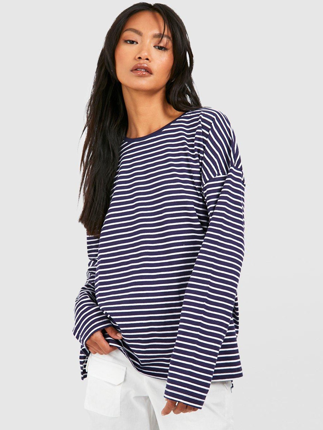 

Boohoo Women Striped Pure Cotton Oversized T-shirt, Navy blue