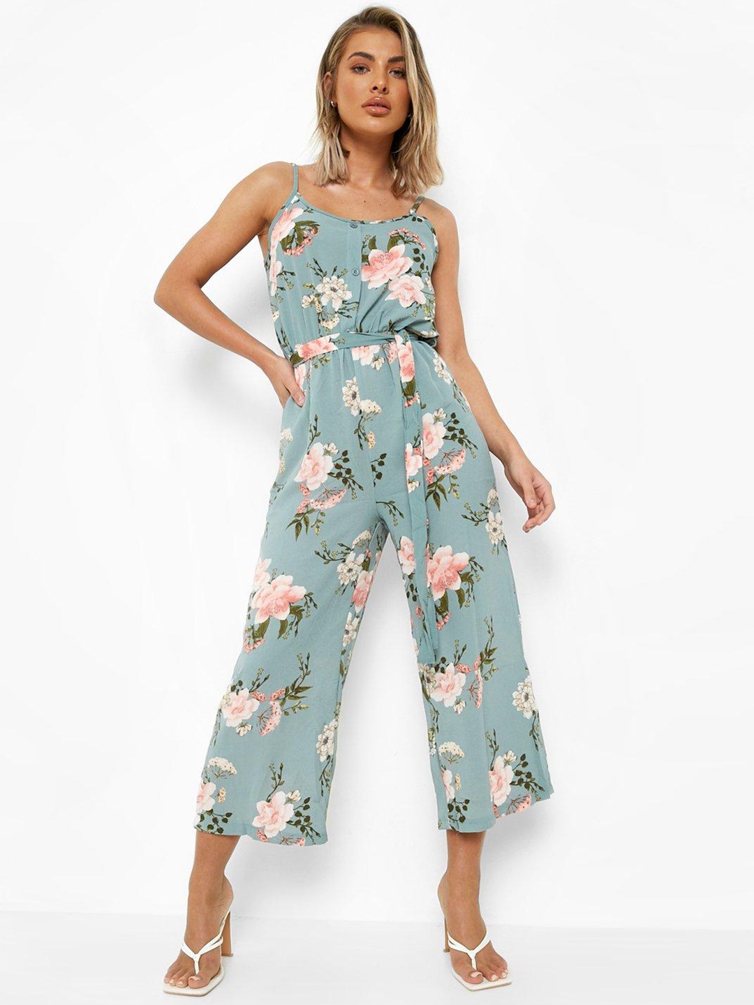 

Boohoo Floral Printed Culotte Jumpsuit with Belt, Green