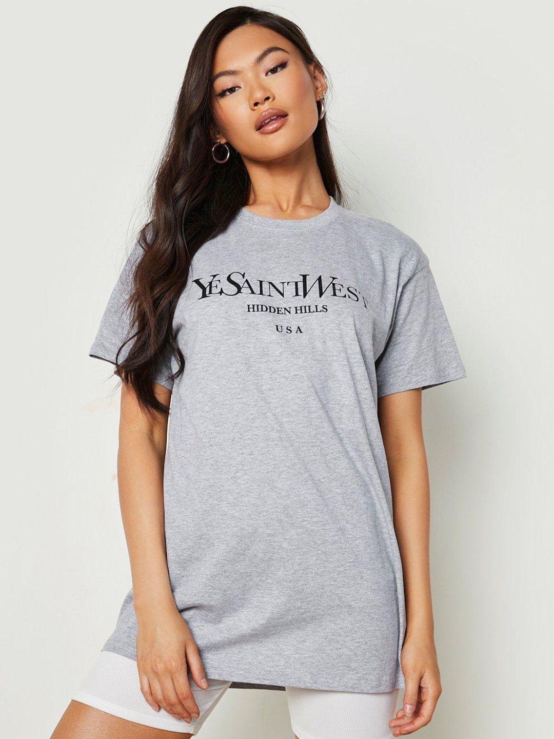 

Boohoo Women Printed Pure Cotton Oversized T-shirt, Grey melange