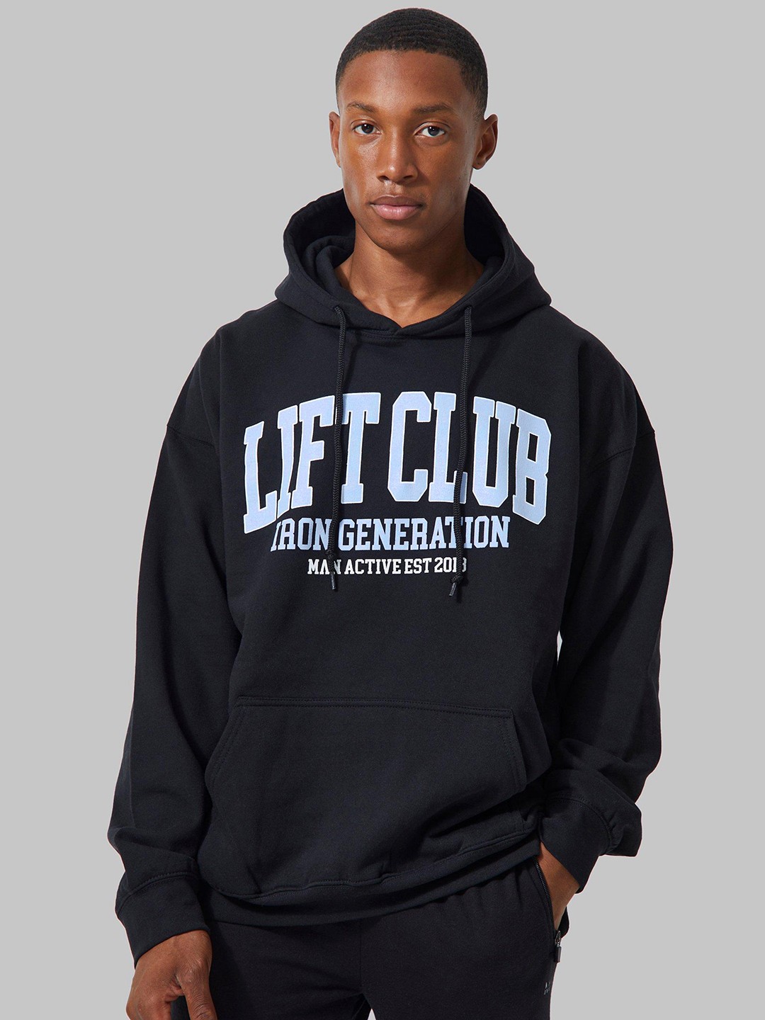 

boohooMAN Cotton Typography Printed Hooded Sweatshirt, Black