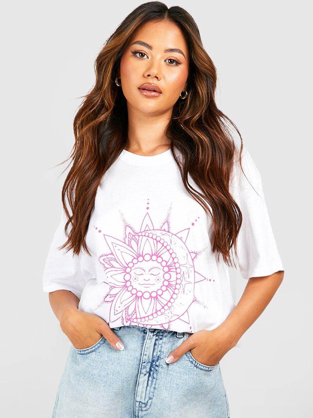 

Boohoo Women Printed Pure Cotton Oversized T-shirt, White