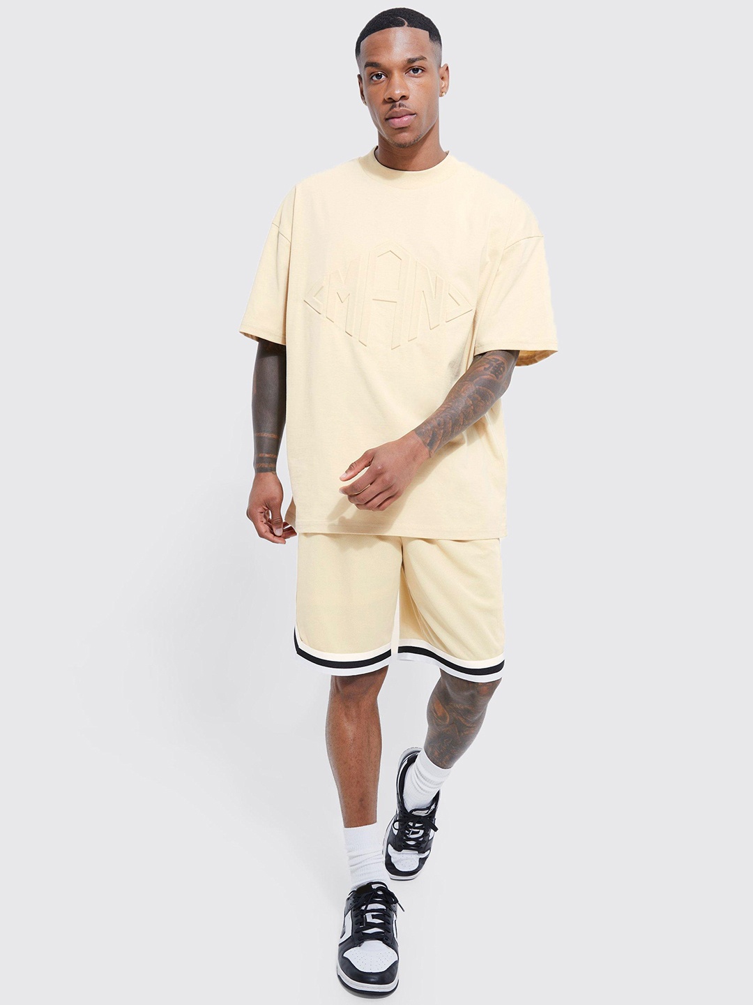 

boohooMAN Brand Logo Self Design Pure Cotton Oversized Co-Ords, Beige