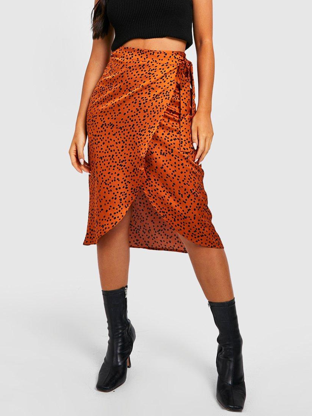 

Boohoo Petite Printed Satin Wrap Skirt, Orange